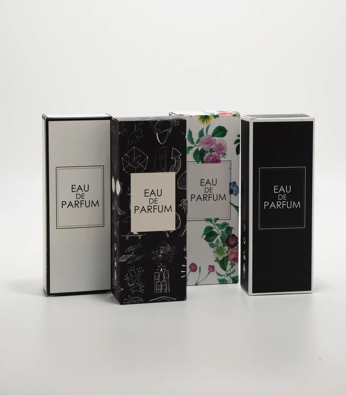 Vier doosjes eau de parfum van ParfumPoint Refill met verschillende dessins